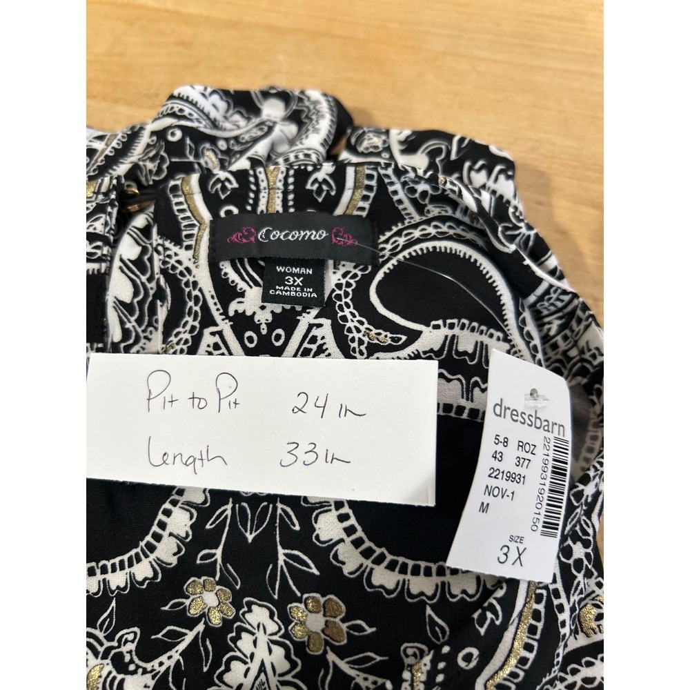 Cocomo Womens 3X Black White Gold Paisley Metallic Tunic shirt Dressbarn NWT - Picture 2 of 6